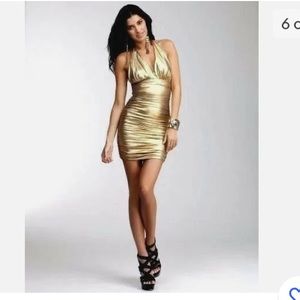 Bebe Gold Lame metallic Ruched Deep Plunge halter dress S 2